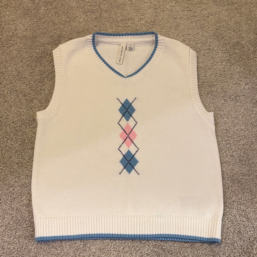 Janie and Jack White Sweater Vest with Argyle detail and Blue Trim